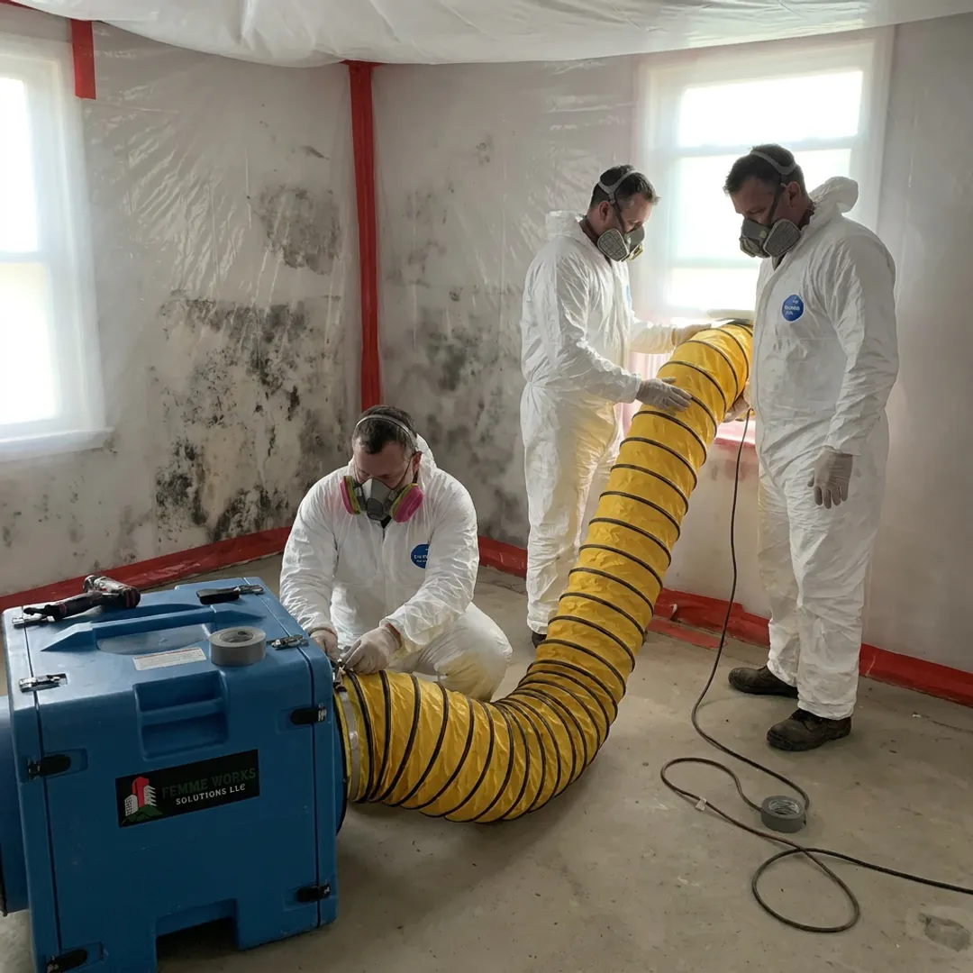 Technicians setting up mold remediation containment
