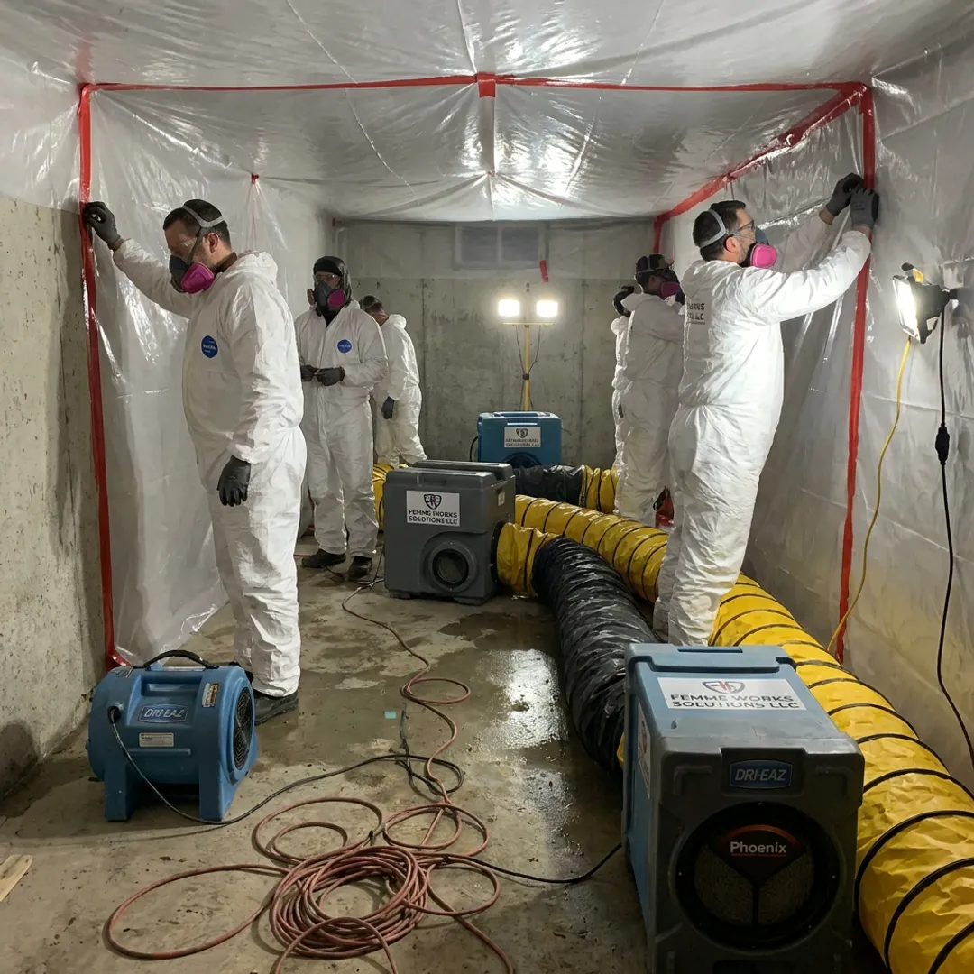 Mold remediation crew setting up containment
