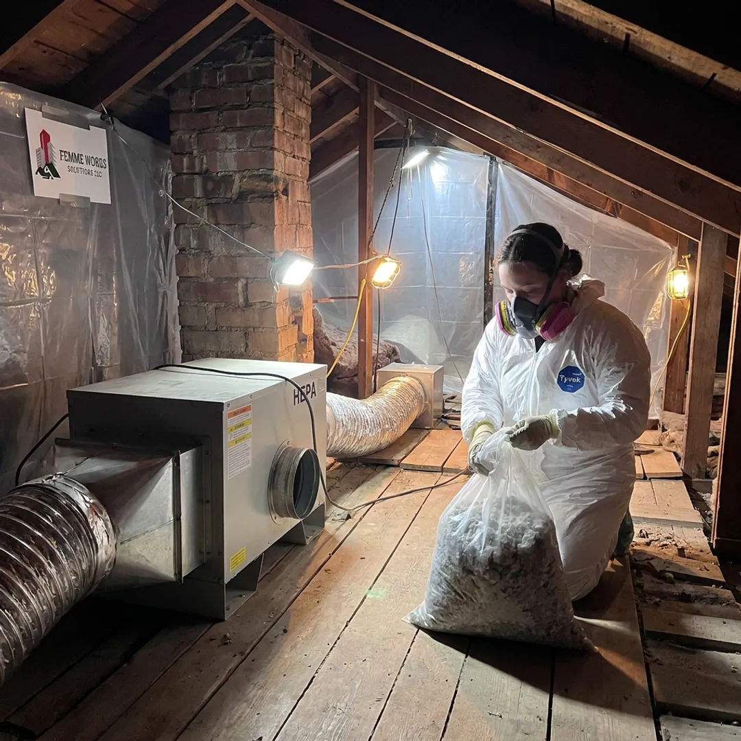 Asbestos removal technician using HEPA equipment inside a home