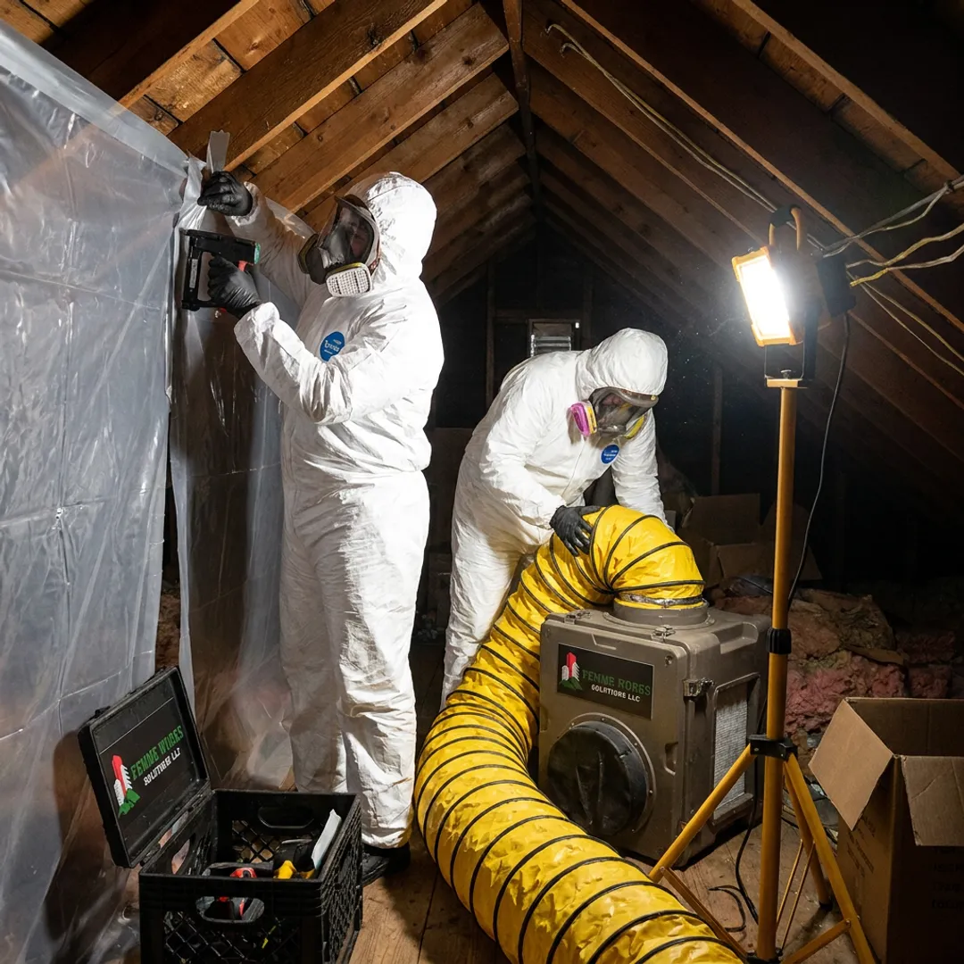 Attic mold remediation team setting up containment