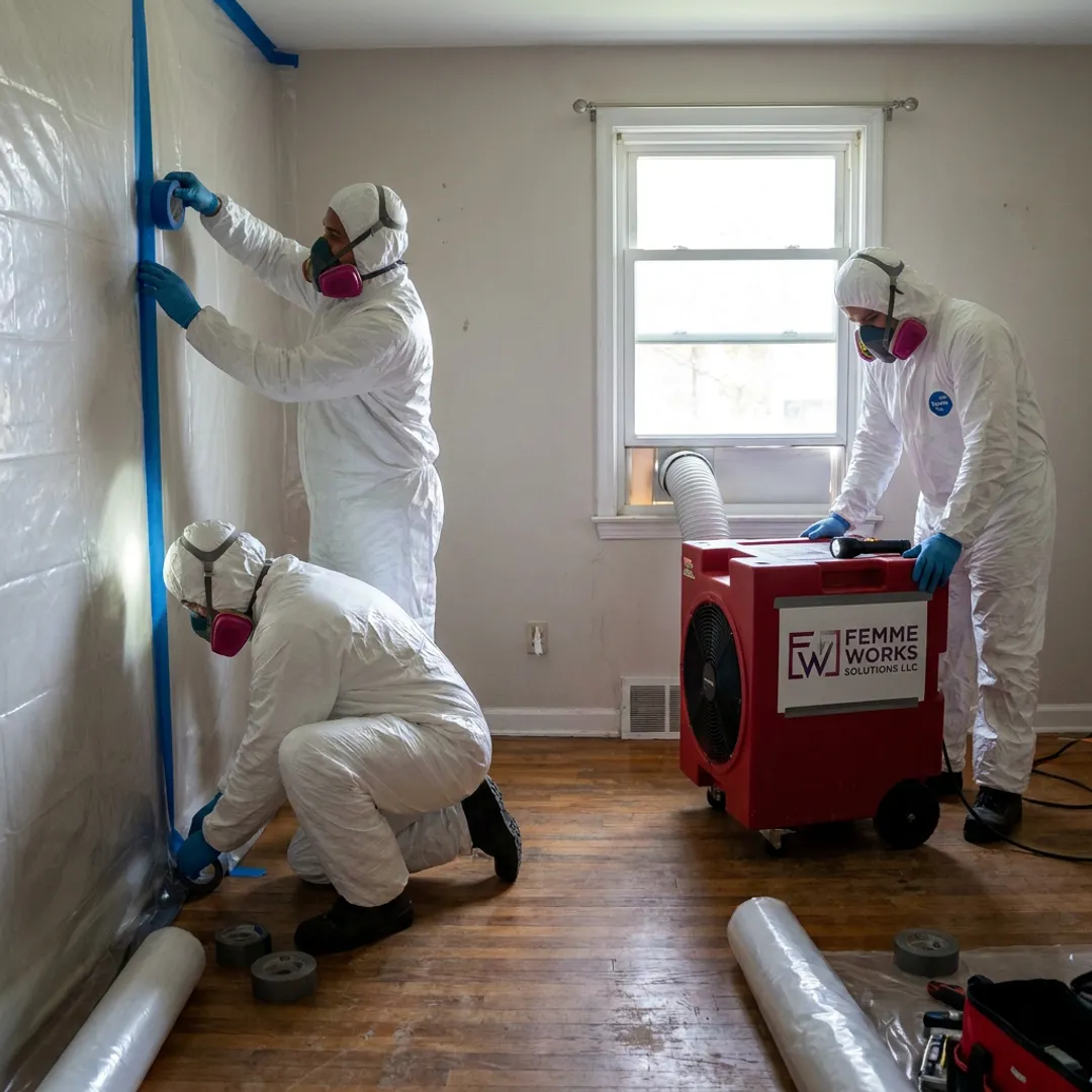 Demolition crew preparing containment for interior renovation