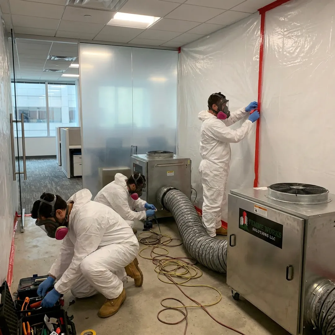 Mold remediation crew setting up containment in a commercial building