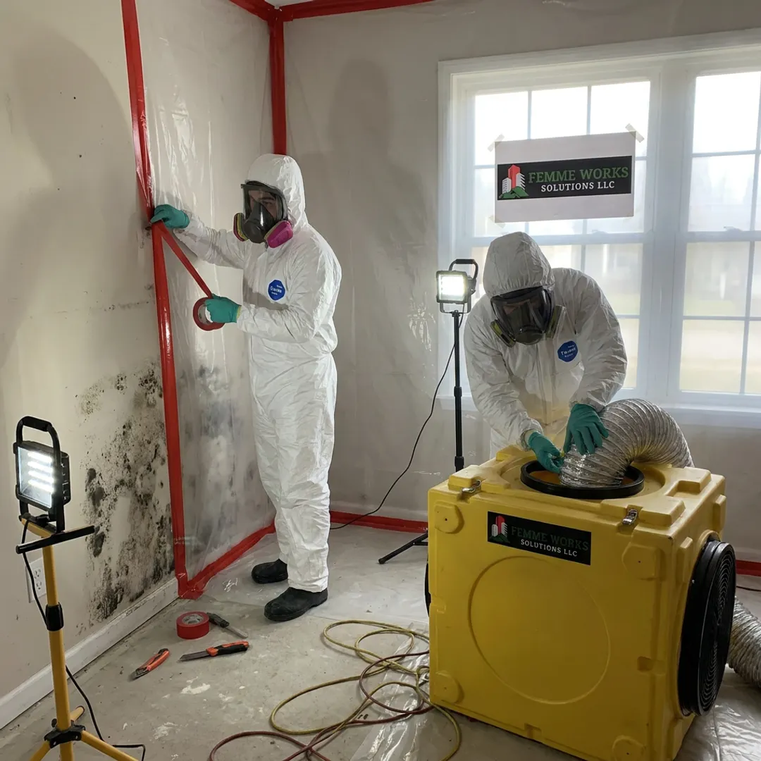 Mold remediation crew setting up containment