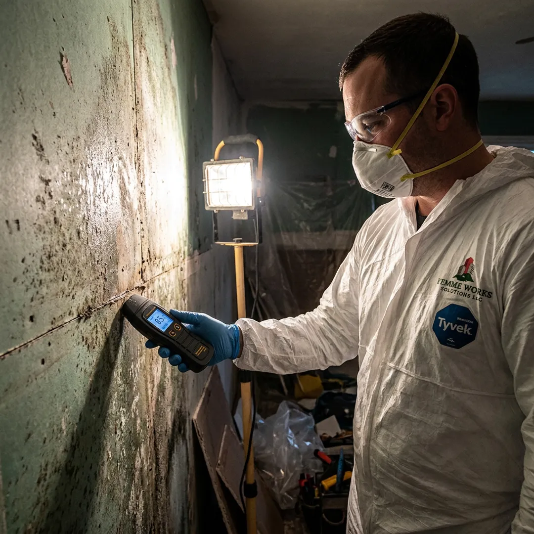 Technician inspecting mold damage during emergency response