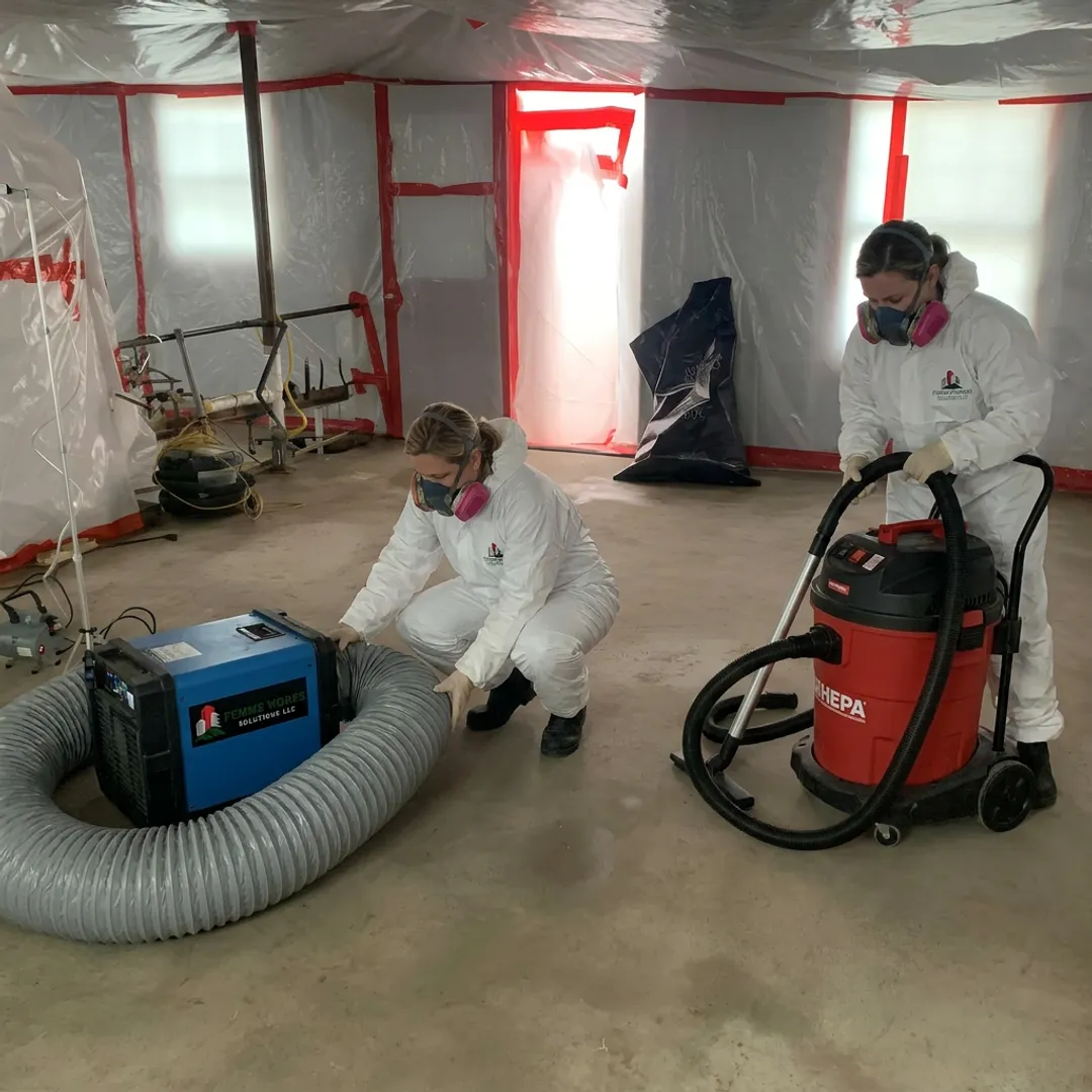 Technicians setting up containment for commercial mold remediation