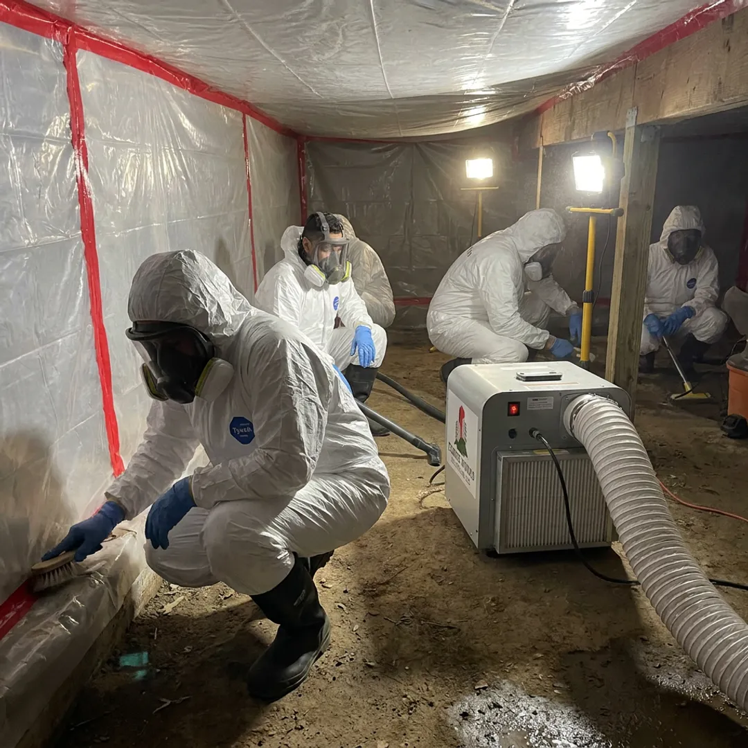 Crawl space mold remediation in progress