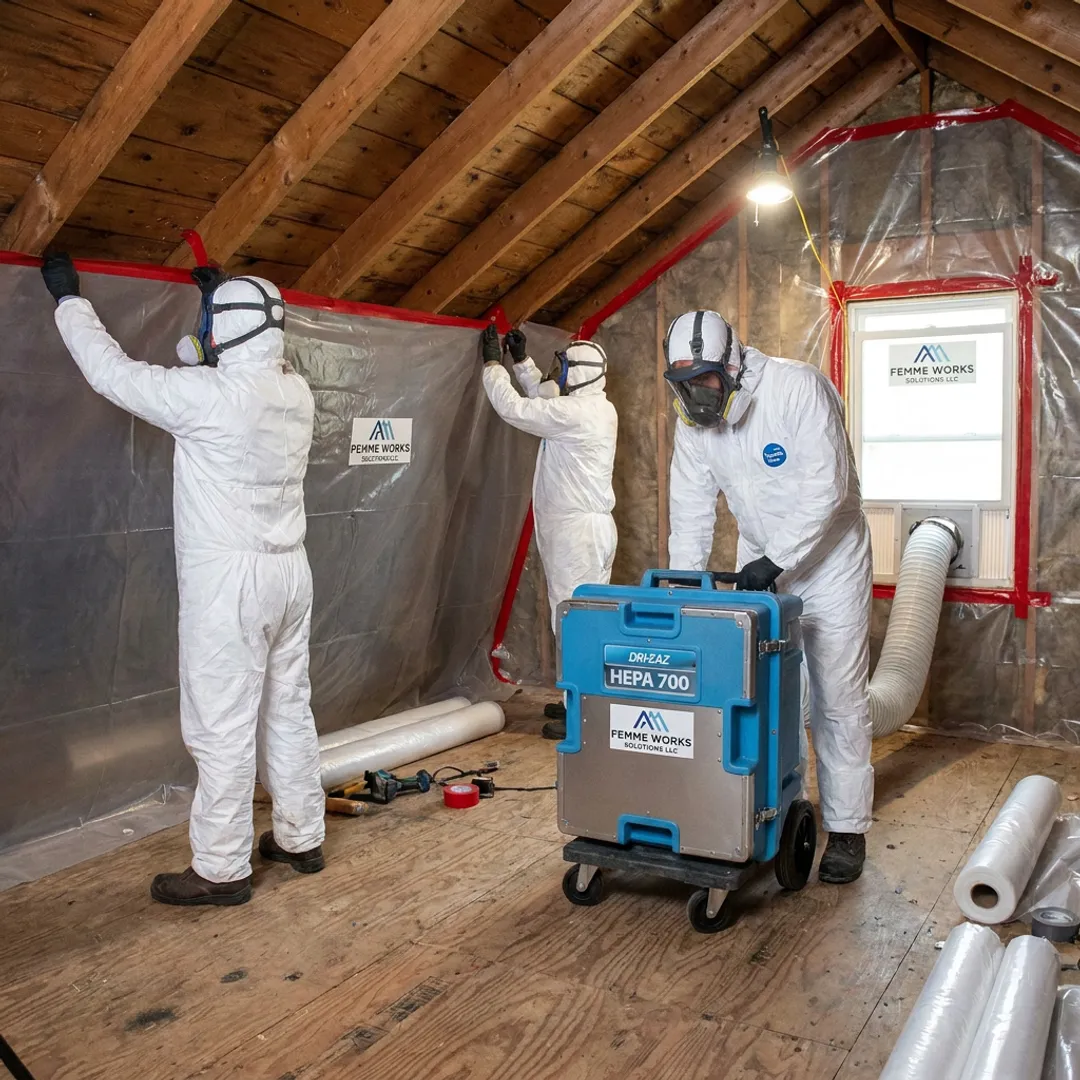 Attic remediation team setting up containment