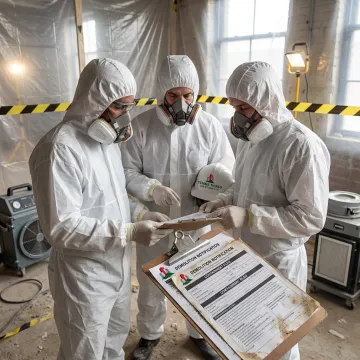 Asbestos abatement crew reviewing demolition notification paperwork