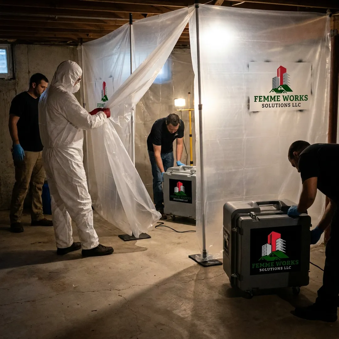 Technicians setting containment for mold remediation