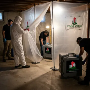 Technicians setting containment for mold remediation