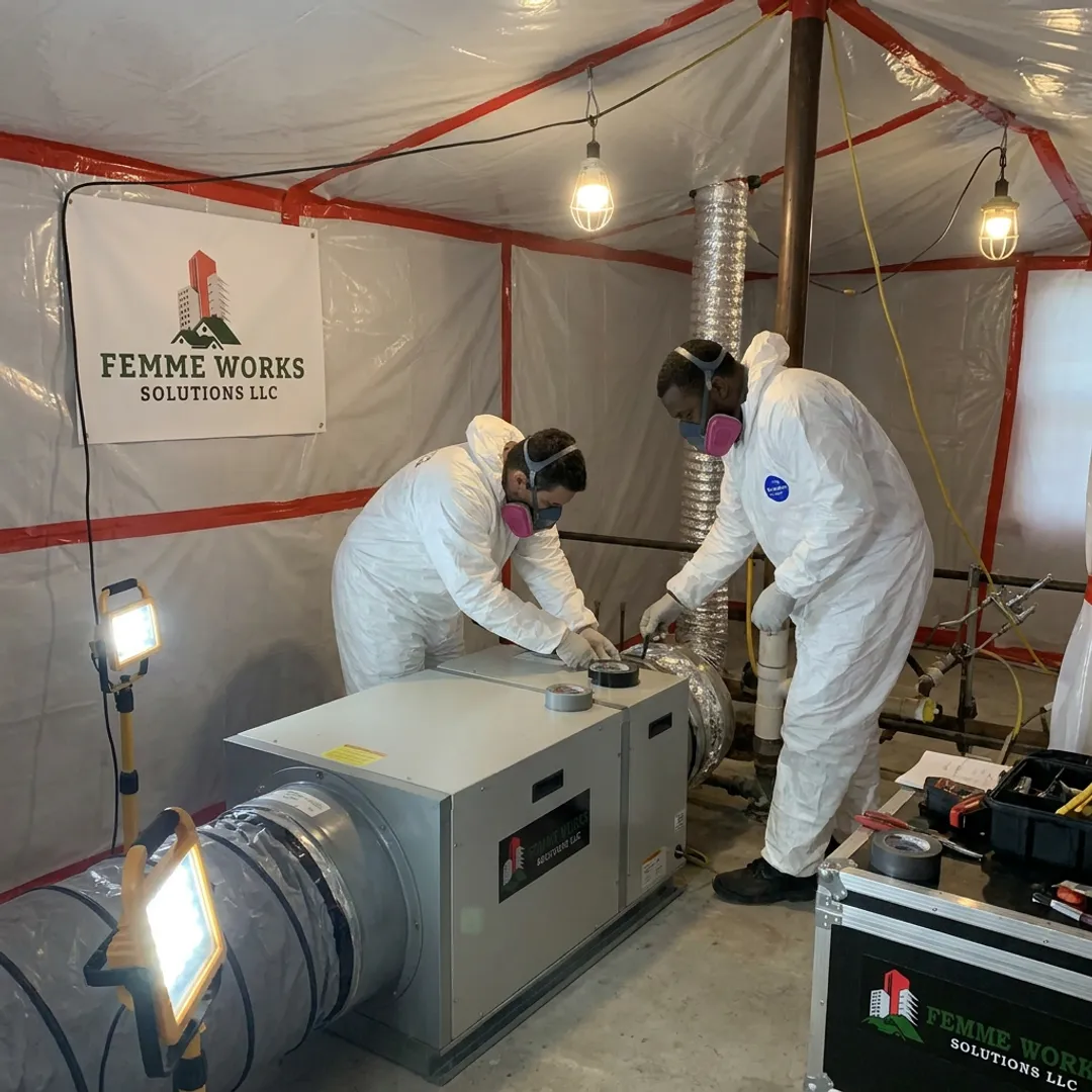 Mold remediation team setting up containment