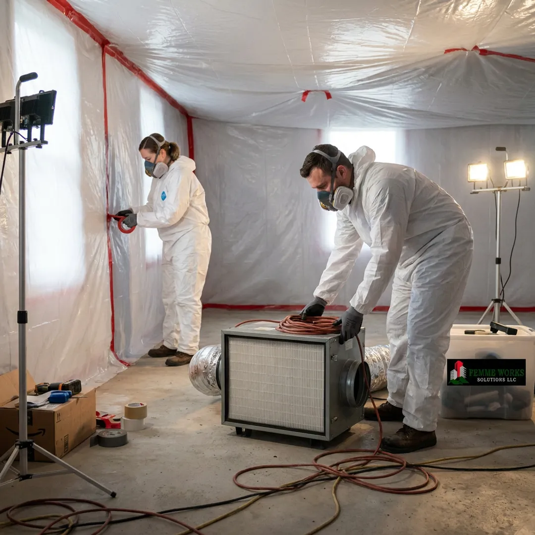 Mold remediation crew setting containment barriers