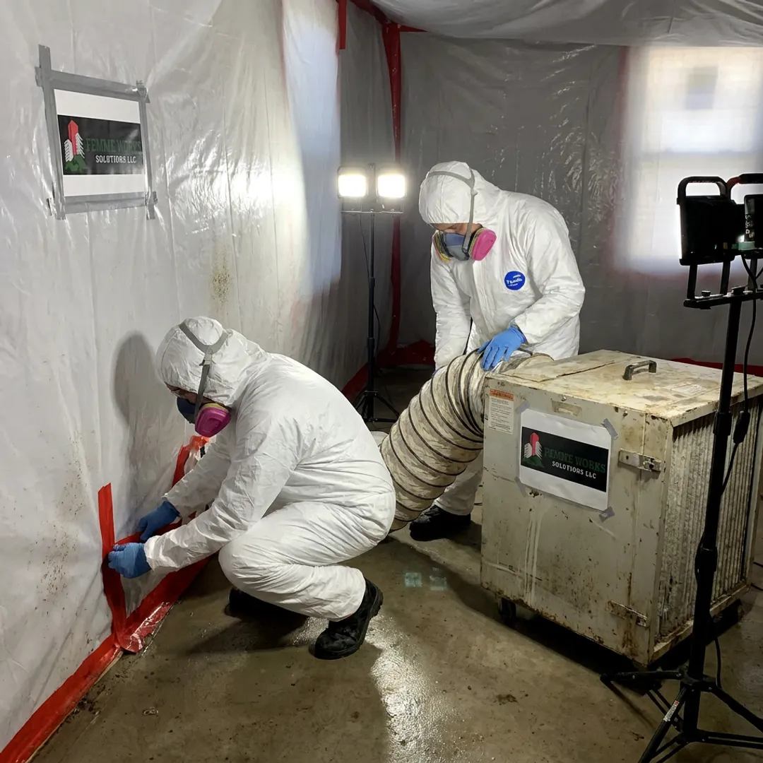 Technicians setting containment for basement mold remediation