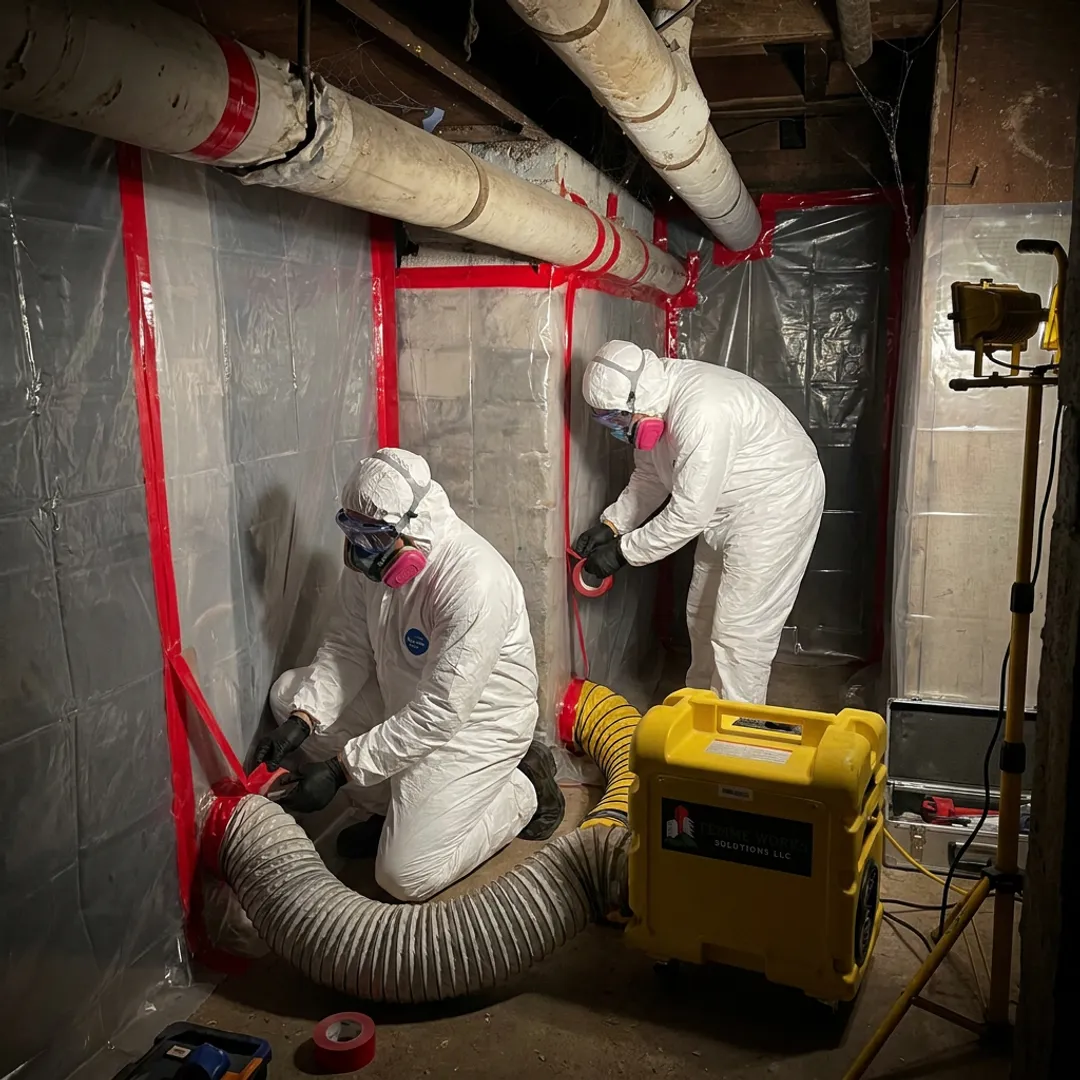 Remediation team setting containment before asbestos removal