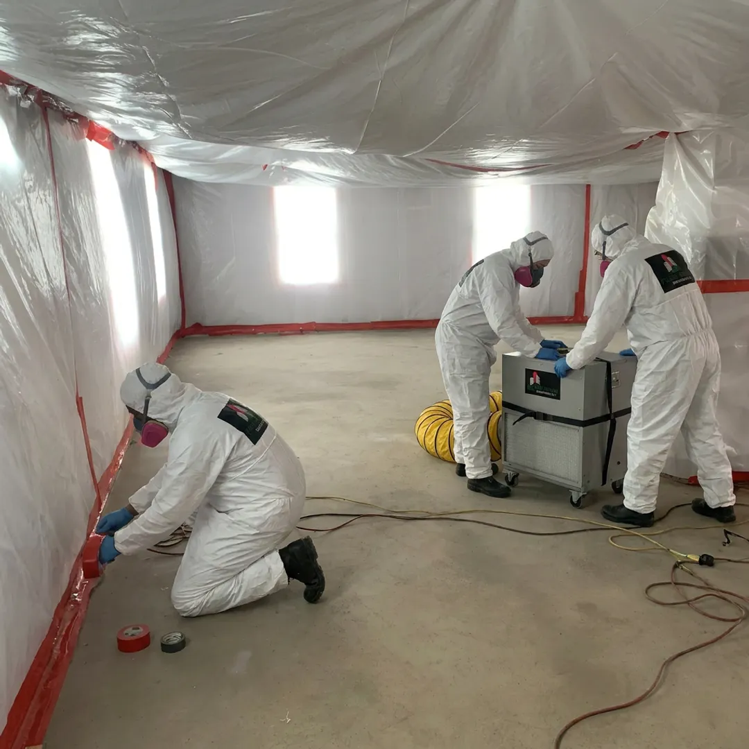 Mold remediation crew setting up containment