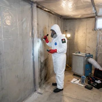 Residential mold removal technician inspecting a basement
