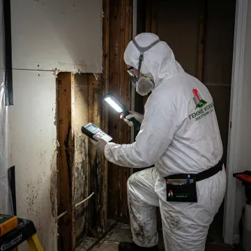 Mold abatement contractor inspecting a damp interior wall