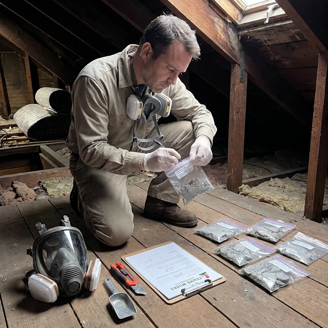 Asbestos inspector preparing ceiling samples for lab testing