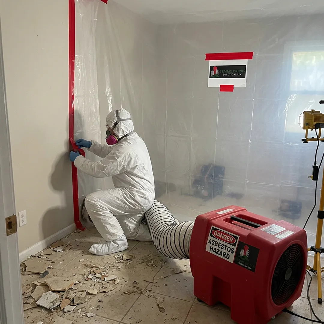 Technician sealing floor tile removal containment area