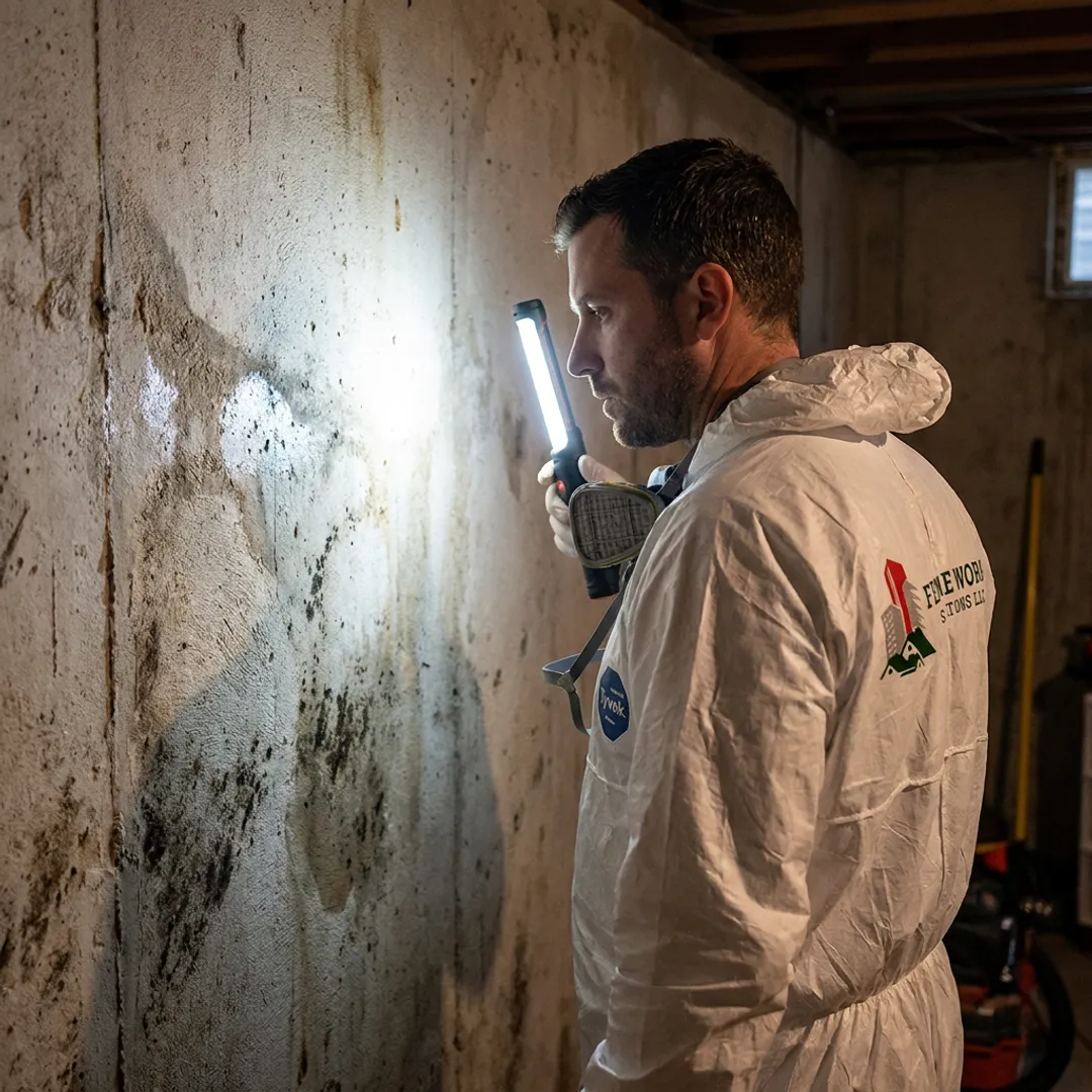 Technician inspecting basement moisture and mold