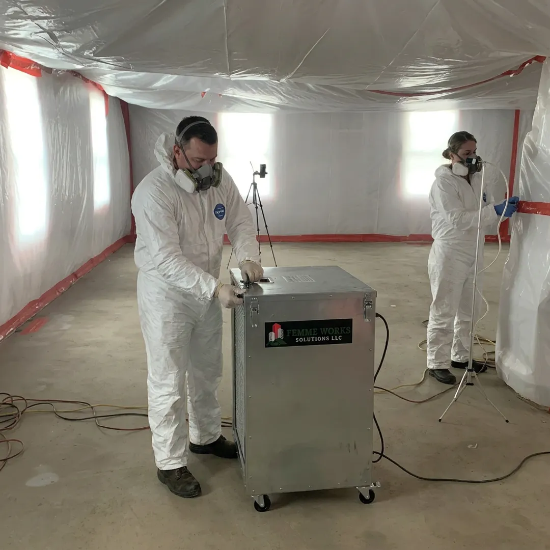 Abatement team preparing a contained work area