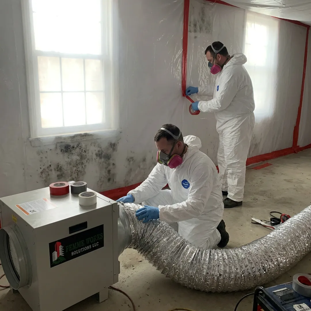 Mold remediation crew setting containment barriers