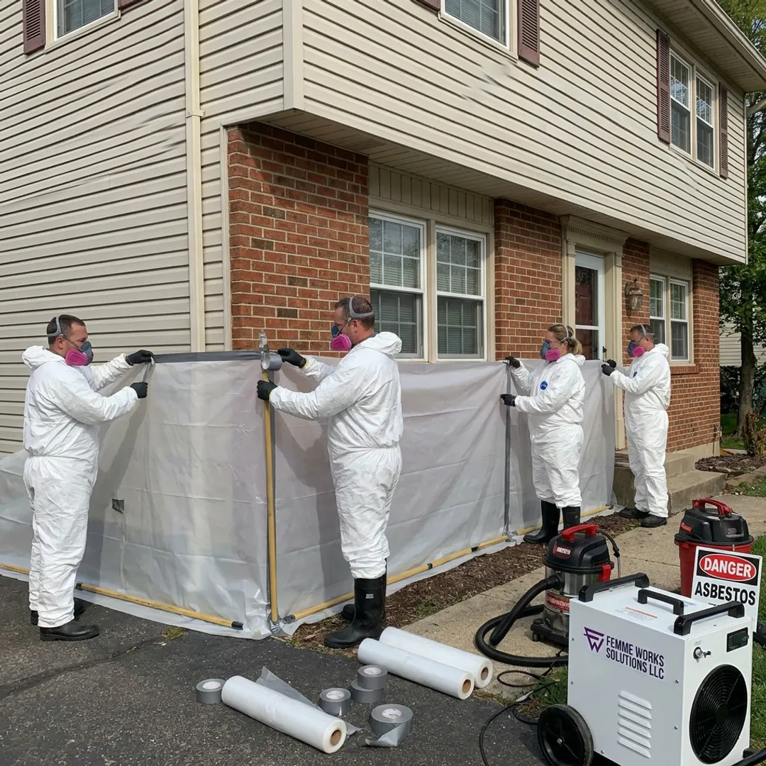 Asbestos removal crew preparing containment