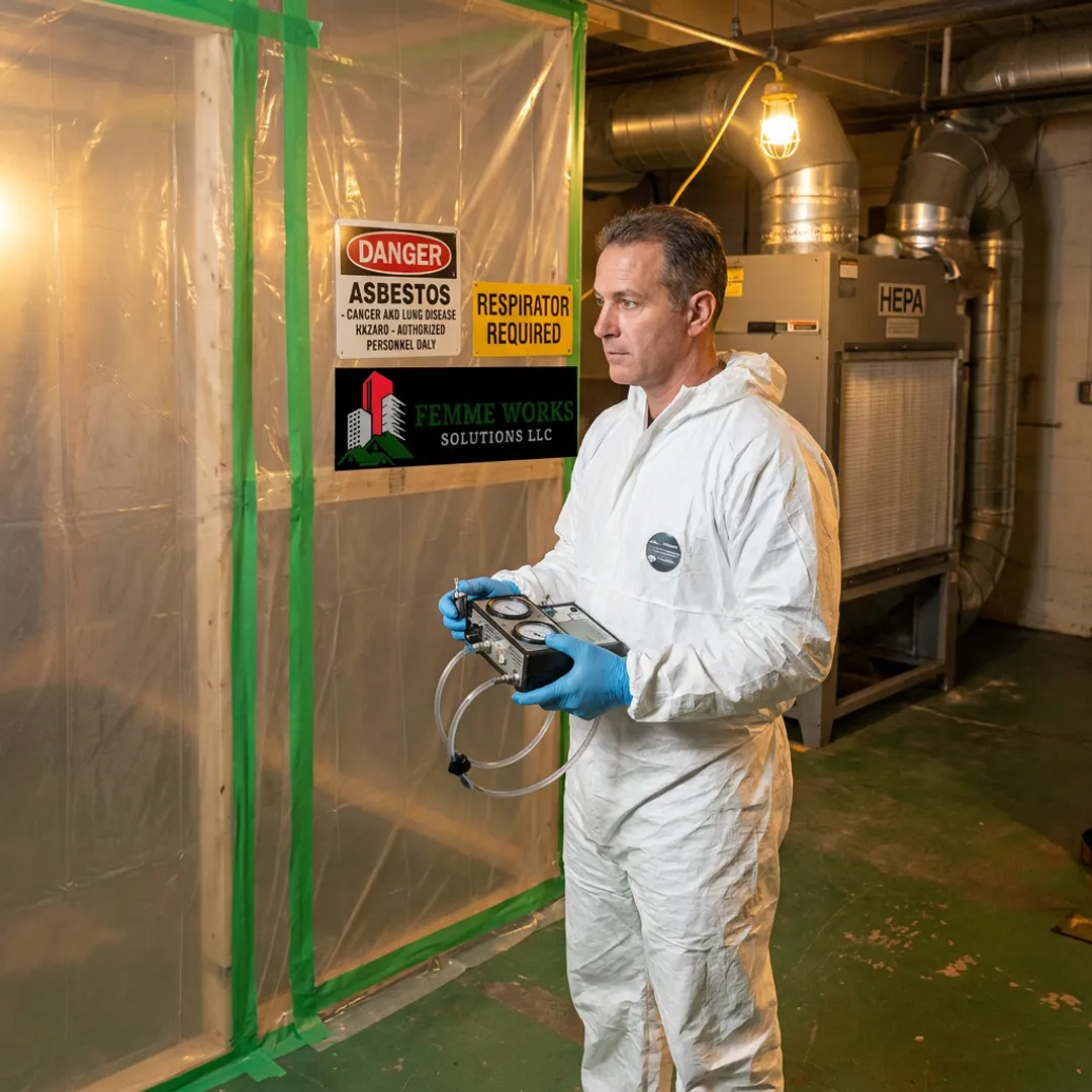 Technician inspecting asbestos containment area