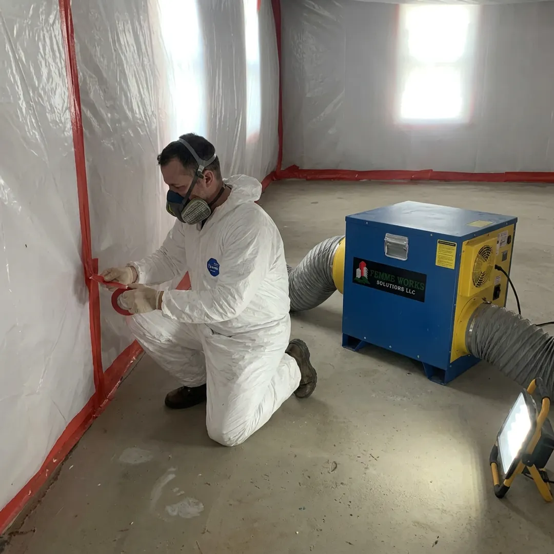 Technician setting up containment for mold remediation