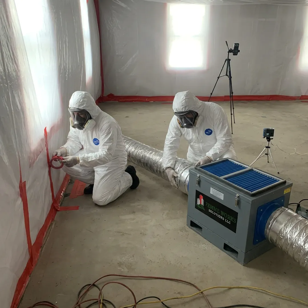 Remediation crew setting up containment for mold remediation