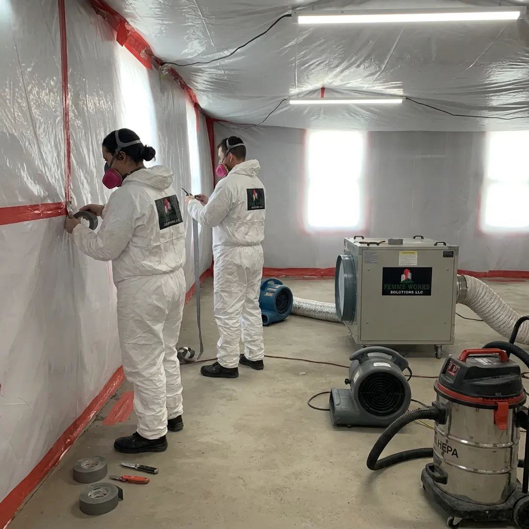 Mold remediation crew setting up containment
