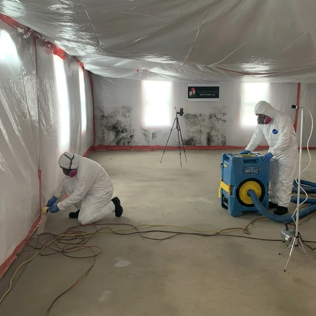 Mold remediation team setting containment barriers