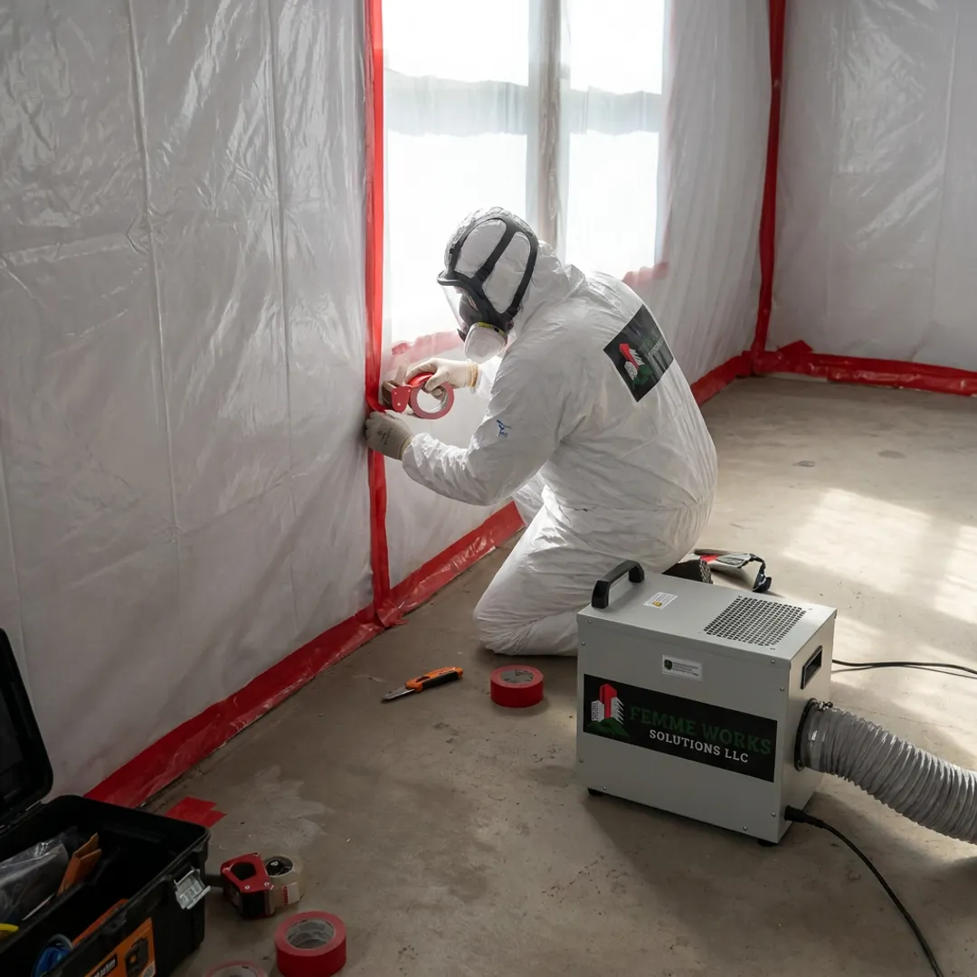 Technician setting up containment for mold remediation