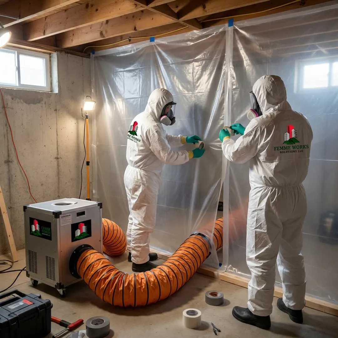 Mold remediation team setting up containment