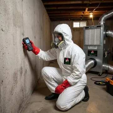 Mold remediation crew inspecting a basement wall