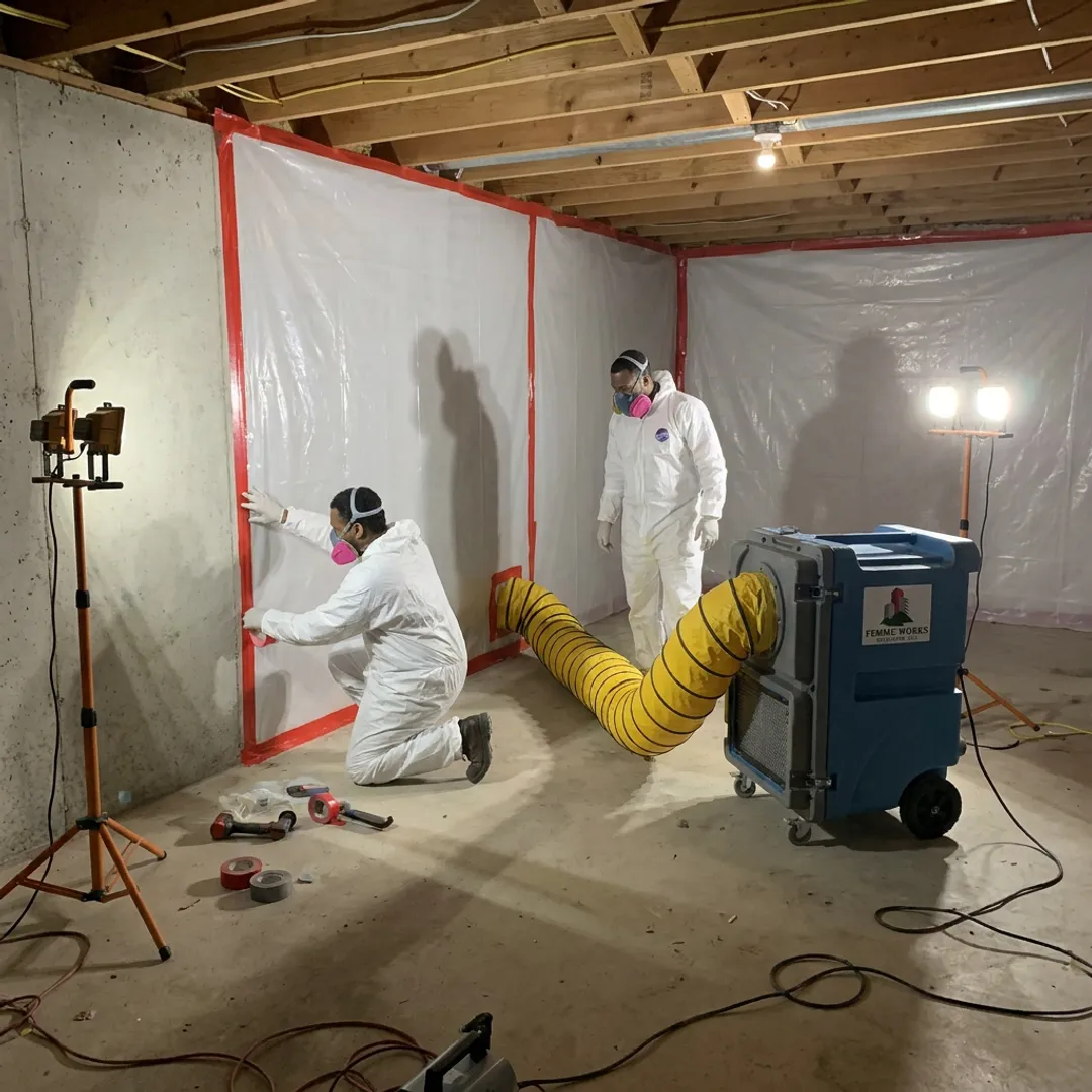 Mold remediation crew setting containment in a basement
