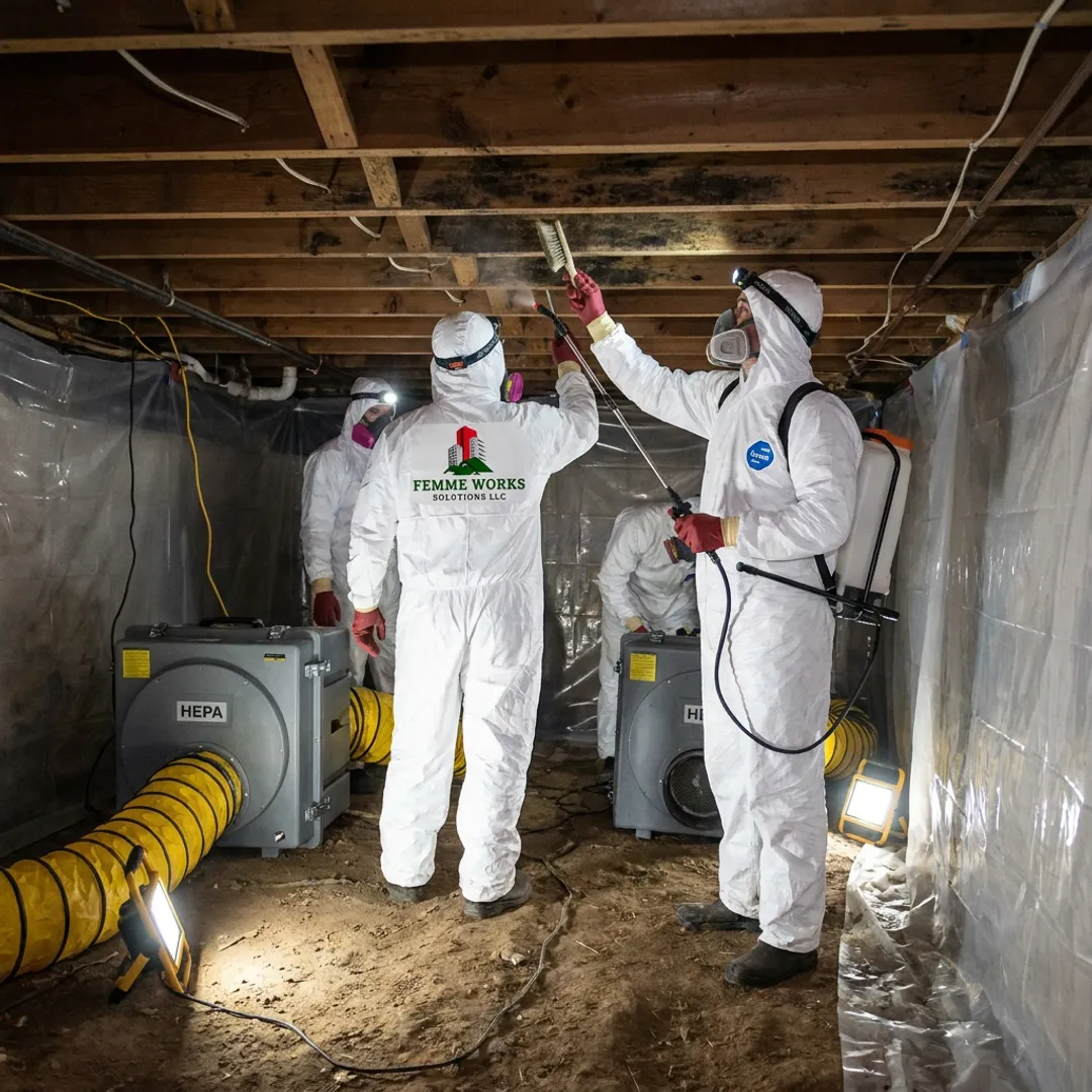 Crawl space mold remediation crew at work