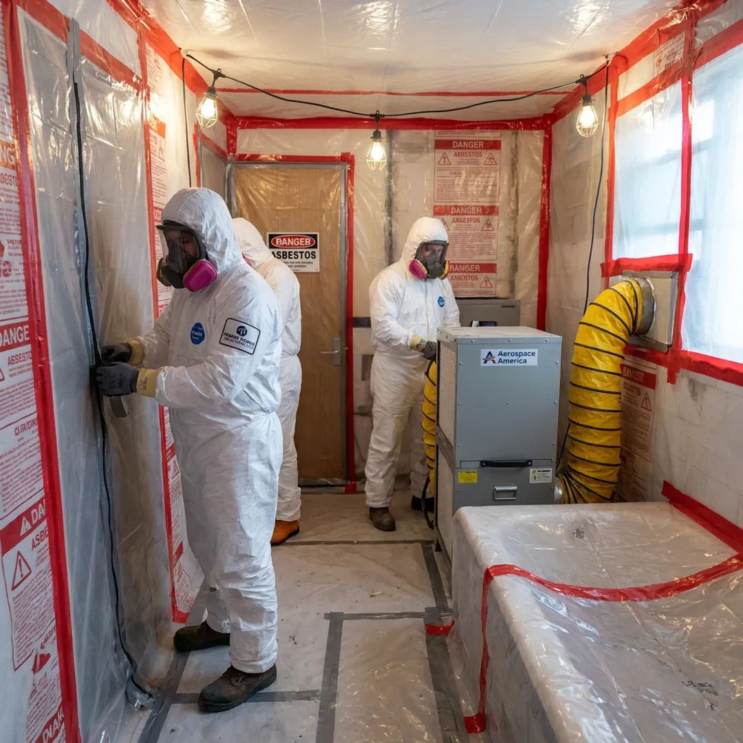 Asbestos demolition crew setting containment