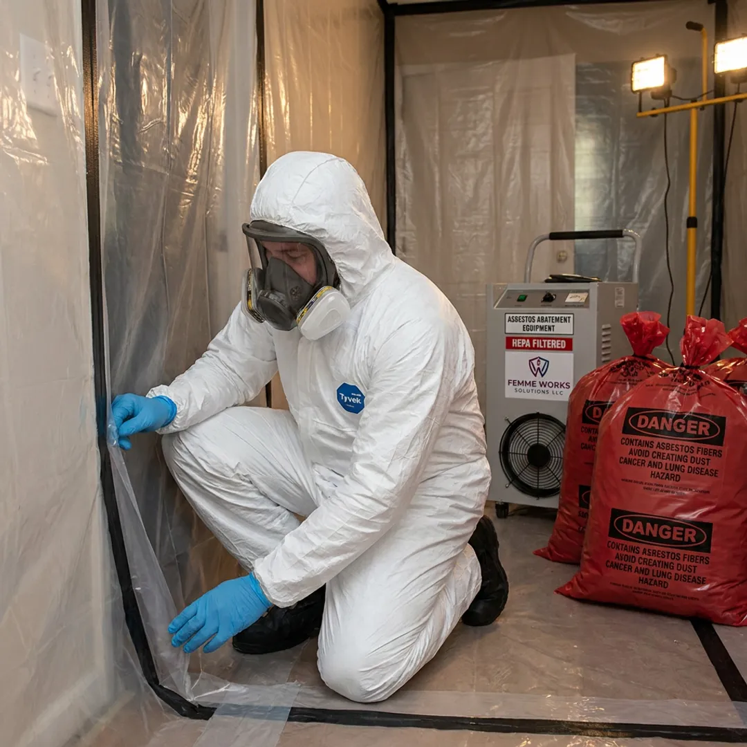 Technician inspecting asbestos containment setup