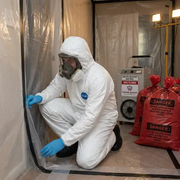 Technician inspecting asbestos containment setup