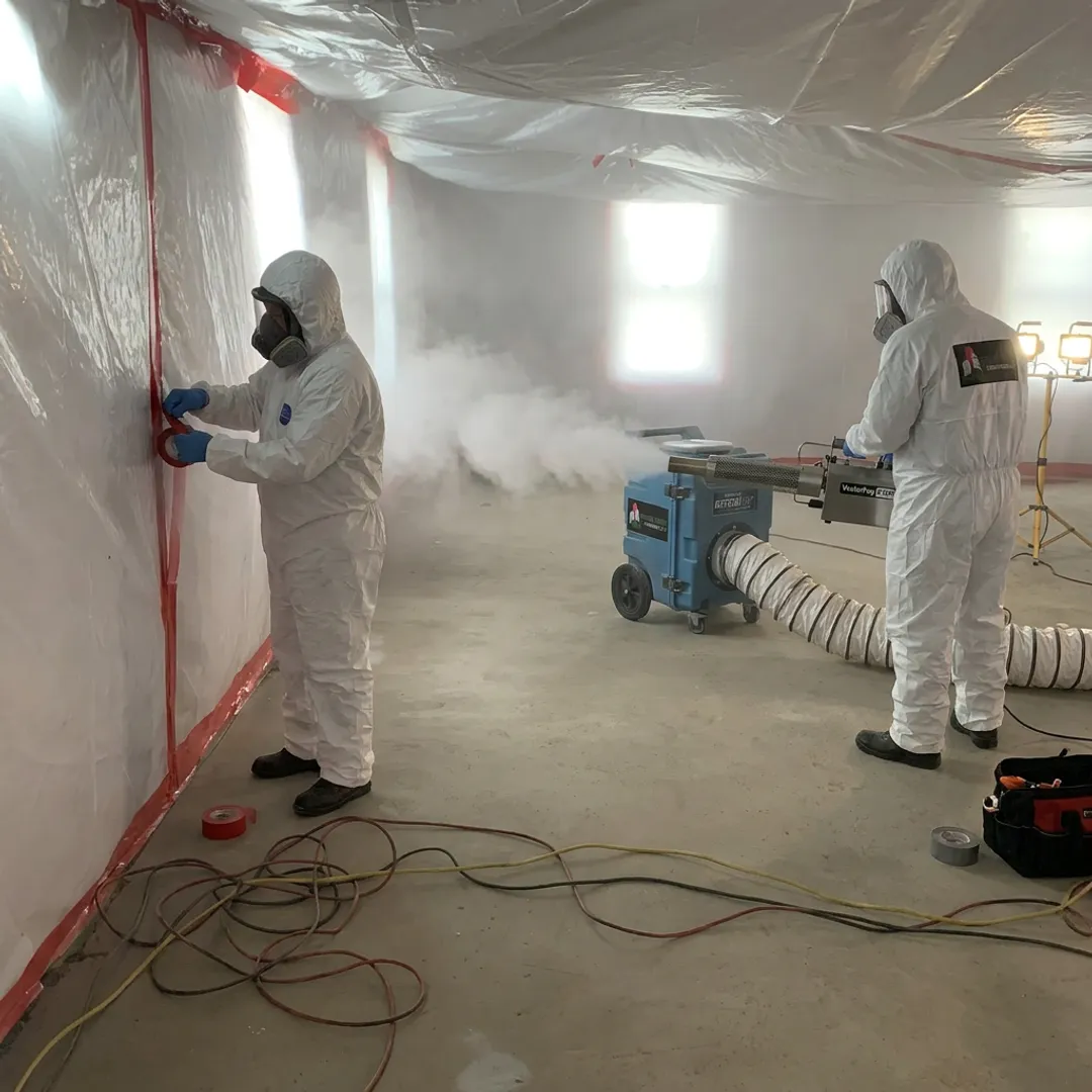 Mold remediation team preparing dry fog equipment