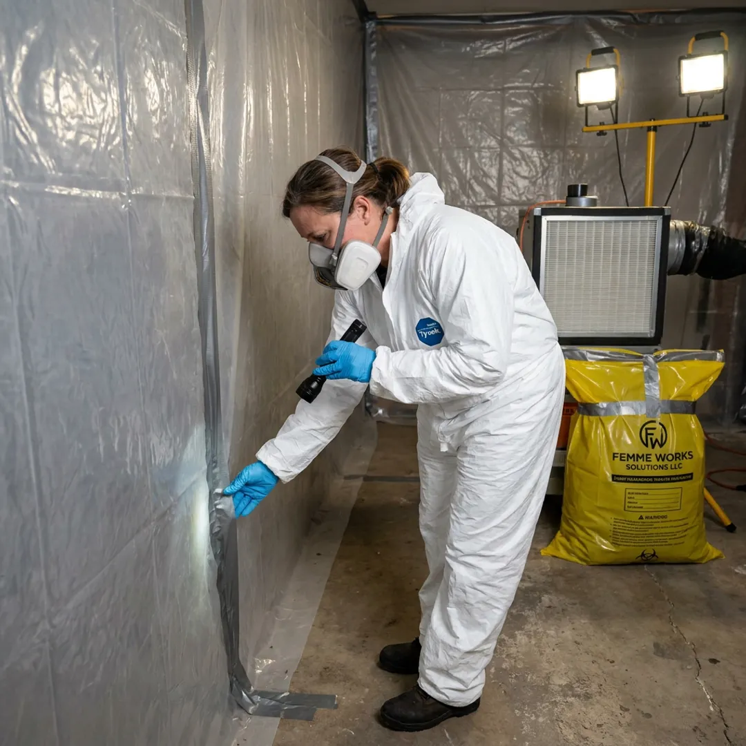 Abatement technician inspecting a contained work area
