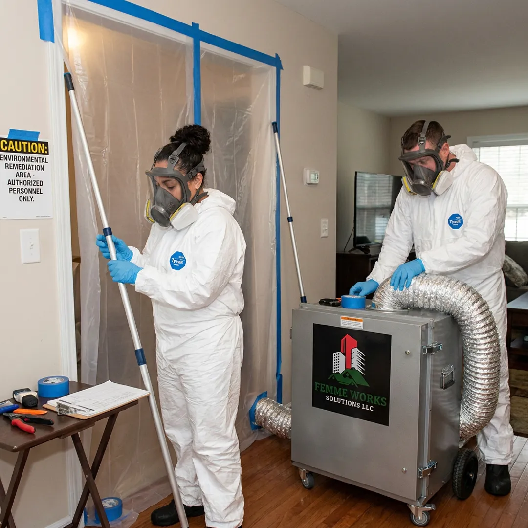Mold remediation team setting up containment and filtration equipment