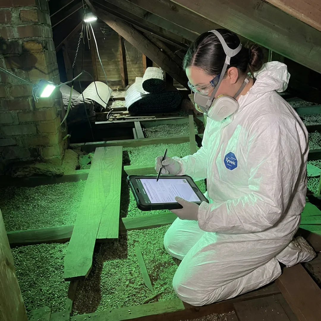 Technician inspecting attic insulation before Mass Save upgrades