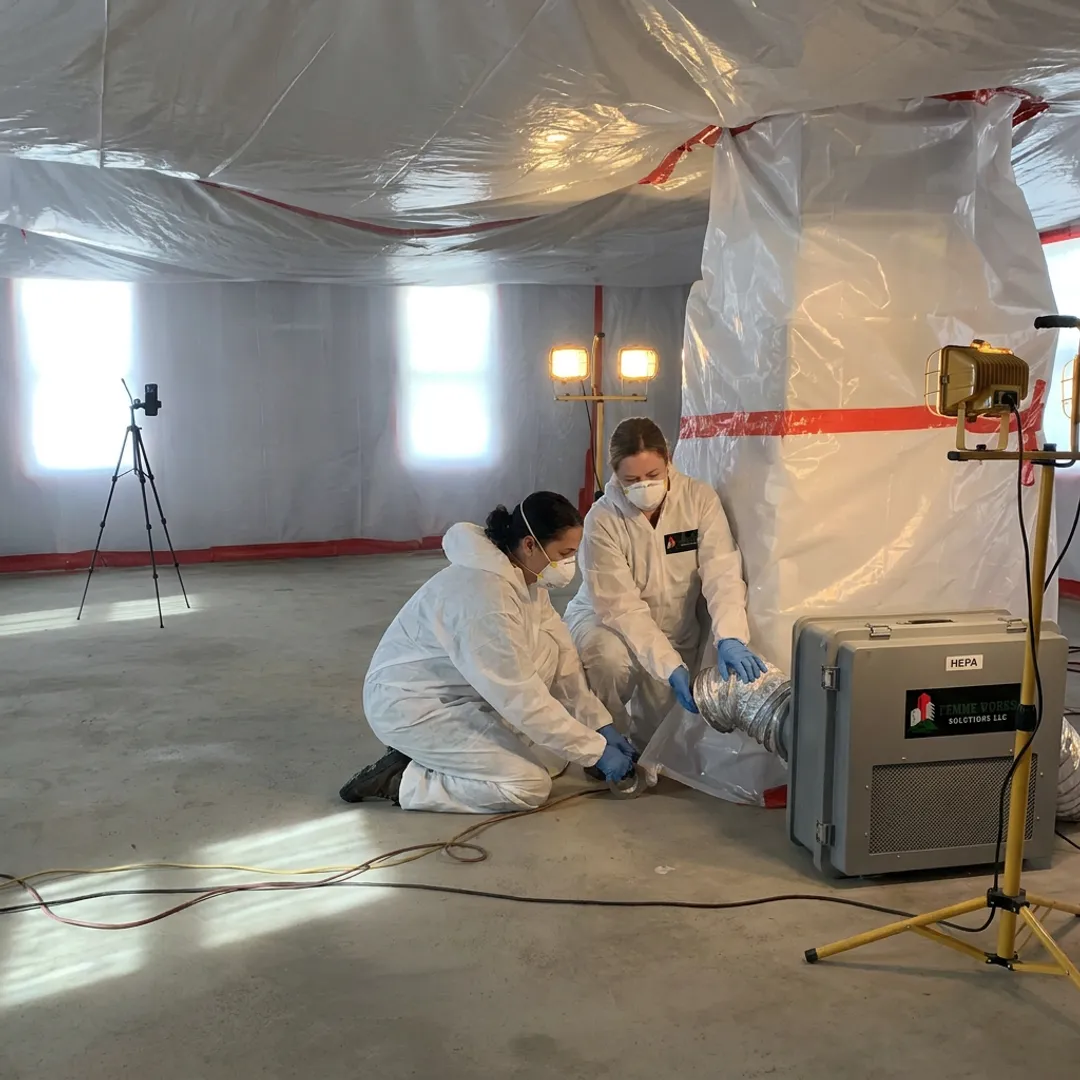 Mold remediation crew setting up containment