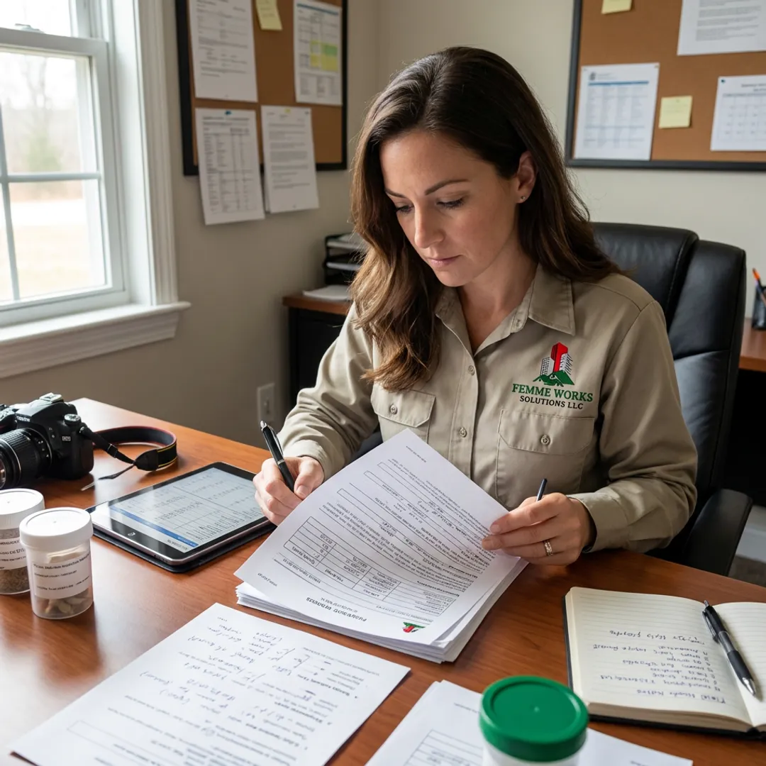 Environmental inspector reviewing sample reports