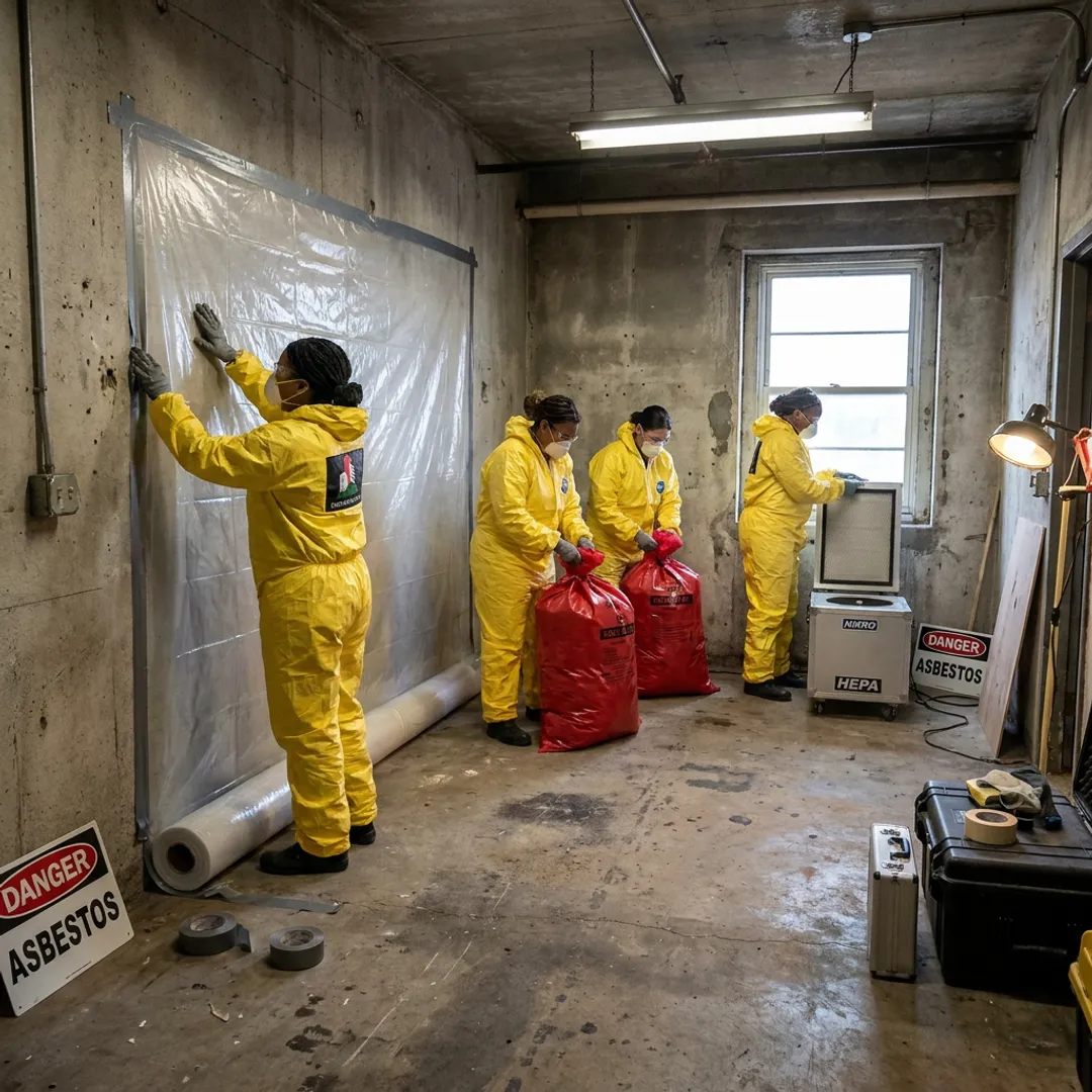 Asbestos response crew preparing containment equipment