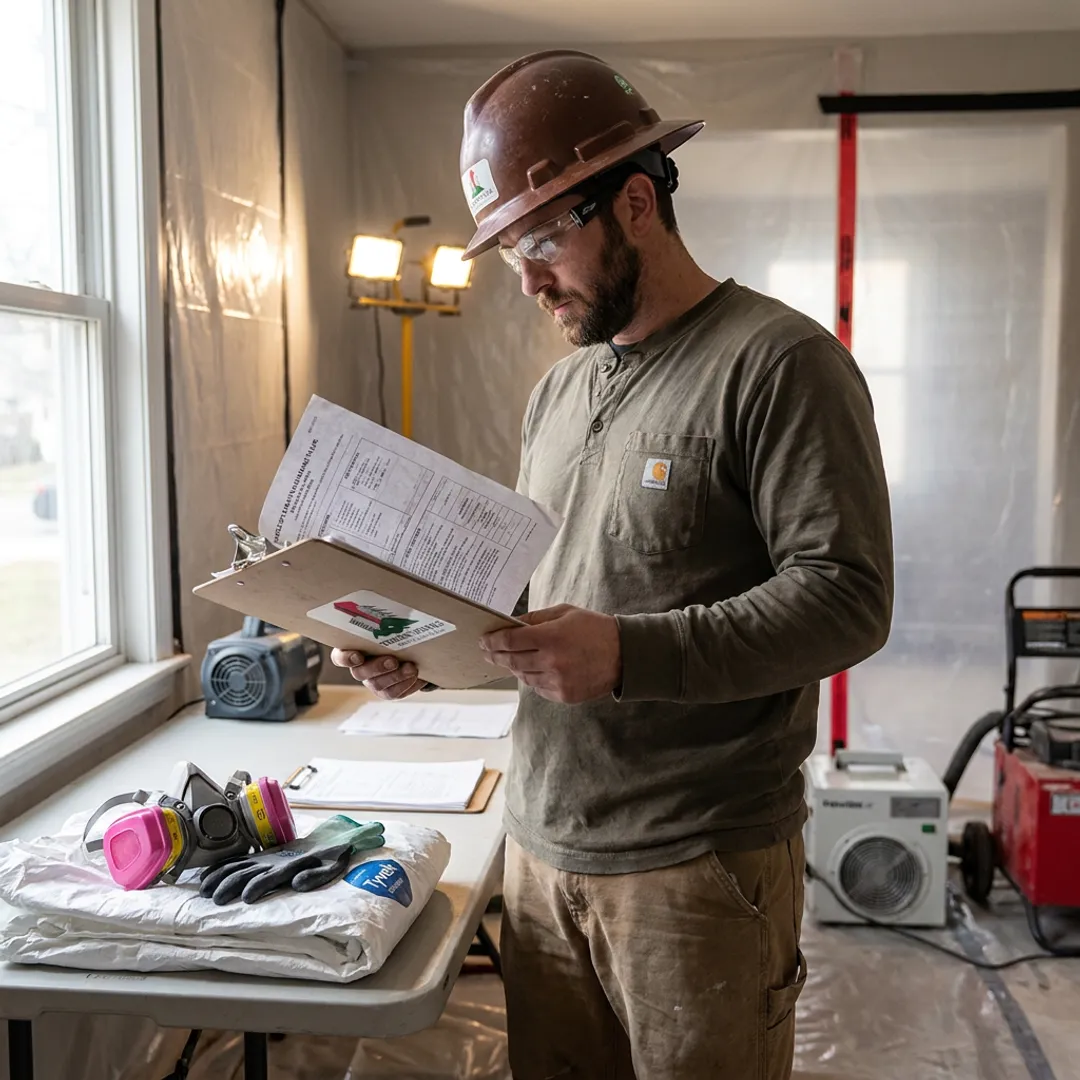 Asbestos contractor reviewing safety documentation