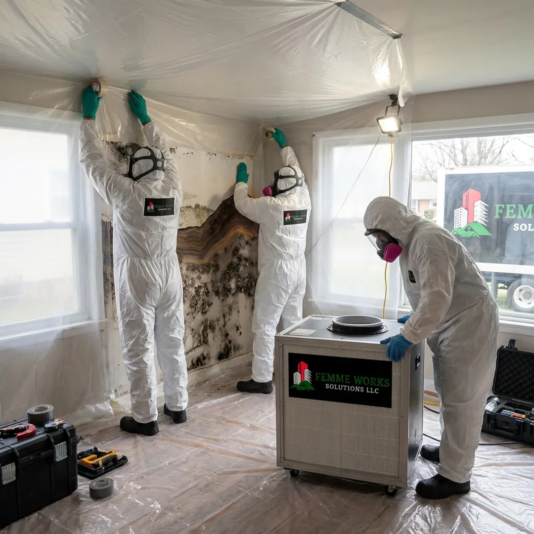 Technicians setting up containment for mold cleanup
