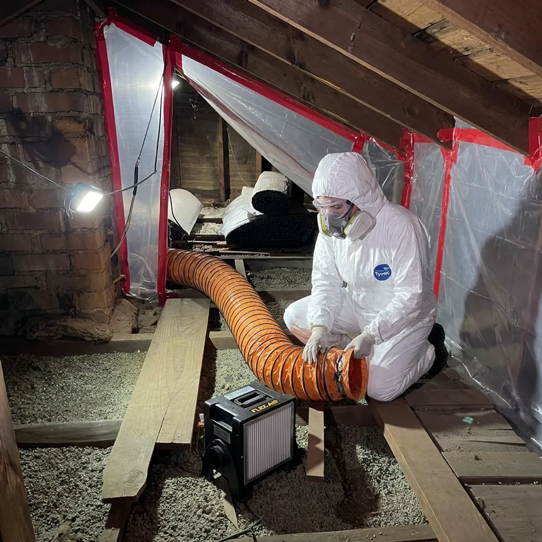 Technician setting up attic containment before insulation removal